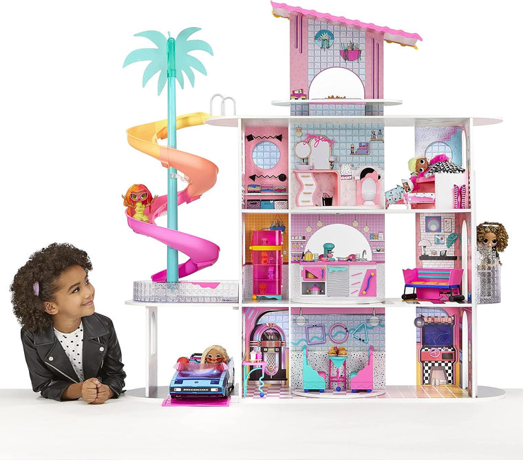 LOL Surprise OMG House of Surprises Real Wood Dollhouse, Featuring 4 Floors, 10 Rooms, Elevator, Spiral Slide, Pool, Movie Theater Drive-Thru & 85+ Surprises, Toy Gift for Girls Ages 4 5 6 7+