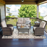 3-Piece Outdoor Patio Furniture Set with Two Swivel Rocker Chairs and Rattan Side Table, Wicker Glider Seating for Deck, Porch or Poolside, Brown and Blue