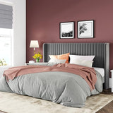 Allewie Queen Velvet Platform Bed with Vertical Channel-Tufted Wingback Headboard, Strong Wooden Slats, No Box Spring Required, Easy Assembly, Black
