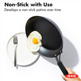 OXO Obsidian 12-Inch Carbon Steel Wok Pan, Pre-Seasoned with Removable Silicone Handle Holder, Induction and Oven Safe, Black