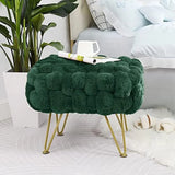 Pink Faux-Fur Ottoman Bench with Golden Legs, 27 x 20 x 19 Inch Fluffy Vanity Seat and Accent Table for Bedrooms, Closets and Living Rooms F