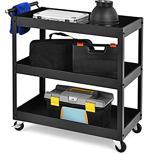 Goplus 3-Tier Rolling Utility Cart with Lockable Wheels, 330 lb Capacity and Ergonomic Handle, Heavy-Duty Commercial Tool Organizer for Garages and Warehouses, Black