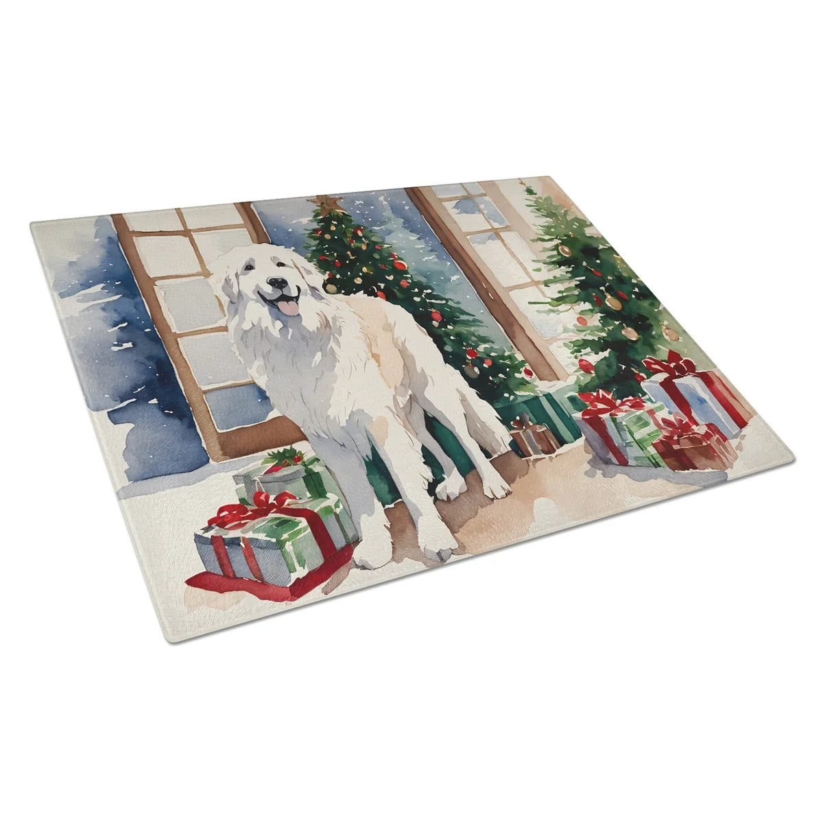 Large Great Pyrenees Cozy Christmas Glass Cutting Board, 12 in x 15 in