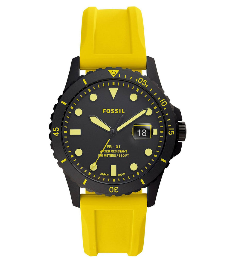 Fossil FB01 Mens Three-Hand Date Watch with Yellow Silicone Strap