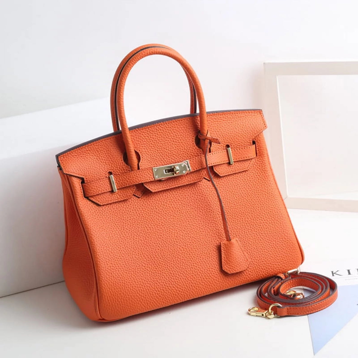 KAMUGO Womens Genuine Leather Tote with Shoulder Strap, 25# Orange Handbag Purse