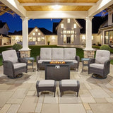 3-Piece Outdoor Patio Furniture Set with Two Swivel Rocker Chairs and Rattan Side Table, Wicker Glider Seating for Deck, Porch or Poolside, Brown and Blue