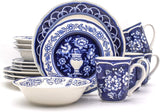 Euro Ceramica Blue Garden 16-Piece Stoneware Dinnerware Set, Oven Safe and Hand Painted, Service for 4, White and Blue Floral Vase Design