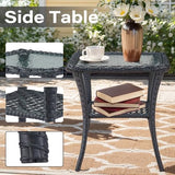 3-Piece Outdoor Patio Furniture Set with Two Swivel Rocker Chairs and Rattan Side Table, Wicker Glider Seating for Deck, Porch or Poolside, Brown and Blue