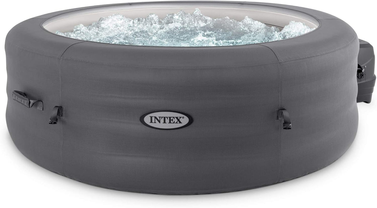 Intex Simple Spa 28481E Inflatable Round Hot Tub, 77in x 26in 4-Person Outdoor Spa with 100 Bubble Jets, Filter Pump, Cover, and Gray Finish