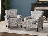 HULALA HOME Upholstered Wingback Accent Chair with Removable Cushion, Wood Legs and Nailhead Trim, Floral Living Room or Bedroom Armchair, Blue