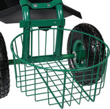 Sunnydaze Green Garden Cart with Rolling Scooter Seat, Extendable Steering Handle, Swivel Seat and Utility Tool Tray