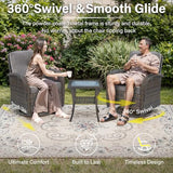 3-Piece Outdoor Patio Furniture Set with Two Swivel Rocker Chairs and Rattan Side Table, Wicker Glider Seating for Deck, Porch or Poolside, Brown and Blue