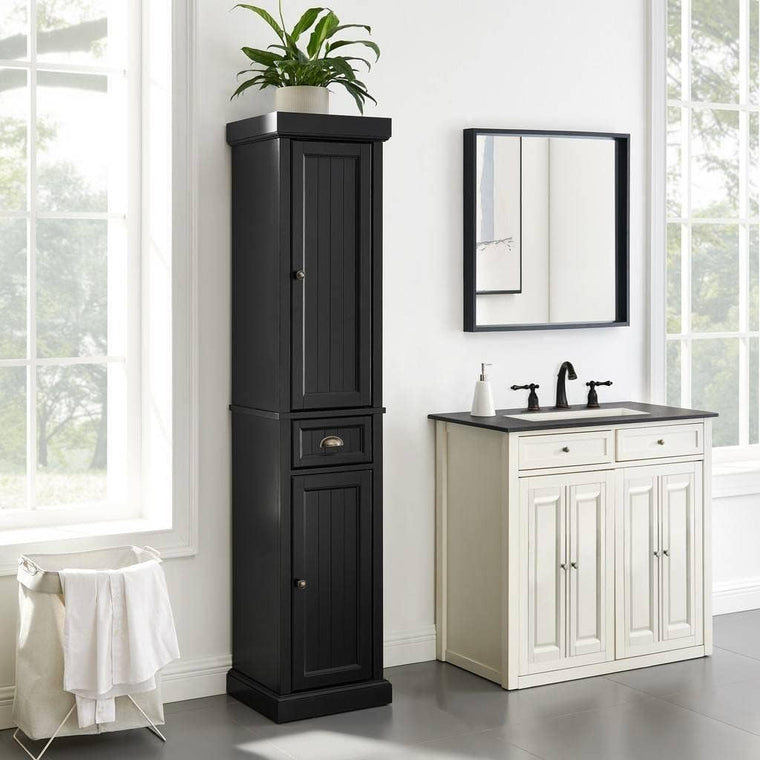 Crosley Seaside Tall Linen Cabinet in Distressed Black
