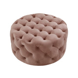 HomeRoots 490621 Tufted Round Cocktail Ottoman with Rolling Casters, Blush Velvet and Black Finish, 17 x 33 x 33 in.