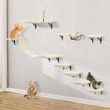 7-Piece Wall-Mounted Cat Furniture Set with Climbing Shelves, Perches, Bridge, Hammock, Scratching Board and Ball, Indoor Wood Activity Center, Beige