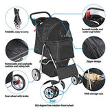 BBBuy Foldable 4-Wheel Pet Jogger Stroller and Travel Carrier with Waterproof Cover, Storage Basket, Cup Holder and Removable Liner, Black