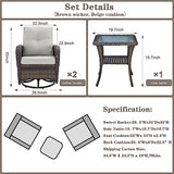 3-Piece Outdoor Patio Furniture Set with Two Swivel Rocker Chairs and Rattan Side Table, Wicker Glider Seating for Deck, Porch or Poolside, Brown and Blue