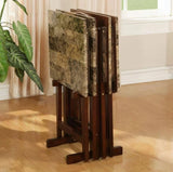 4-Piece TV Tray Table Set with Stand, Faux Marble Tops and Dark Brown Finish