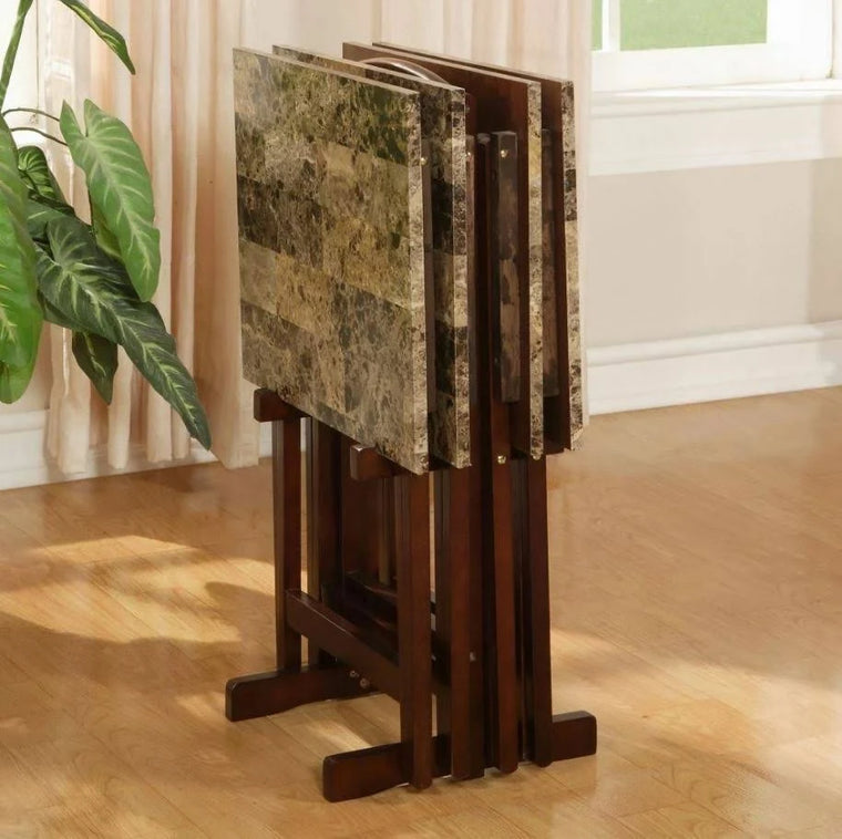 4-Piece TV Tray Table Set with Stand, Faux Marble Tops and Dark Brown Finish