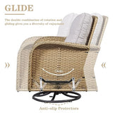 3-Piece Outdoor Patio Furniture Set with Two Swivel Rocker Chairs and Rattan Side Table, Wicker Glider Seating for Deck, Porch or Poolside, Brown and Blue