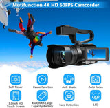 4K HD Camcorder with 48MP, 60FPS, 30X Digital Zoom, Auto Focus and LED Function, 4500mAh Battery, Handheld Stabilizer, Remote, Microphone and 64G SD Card