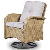 3-Piece Outdoor Patio Furniture Set with Two Swivel Rocker Chairs and Rattan Side Table, Wicker Glider Seating for Deck, Porch or Poolside, Brown and Blue