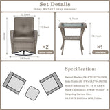 3-Piece Outdoor Patio Furniture Set with Two Swivel Rocker Chairs and Rattan Side Table, Wicker Glider Seating for Deck, Porch or Poolside, Brown and Blue