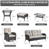 3-Piece Outdoor Patio Furniture Set with Two Swivel Rocker Chairs and Rattan Side Table, Wicker Glider Seating for Deck, Porch or Poolside, Brown and Blue