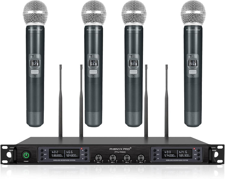 Phenyx Pro PTU-7000A Quad-Channel Wireless Microphone System with Metal Handheld Mics, 4×40 Channels, Auto Scan and 328ft Range