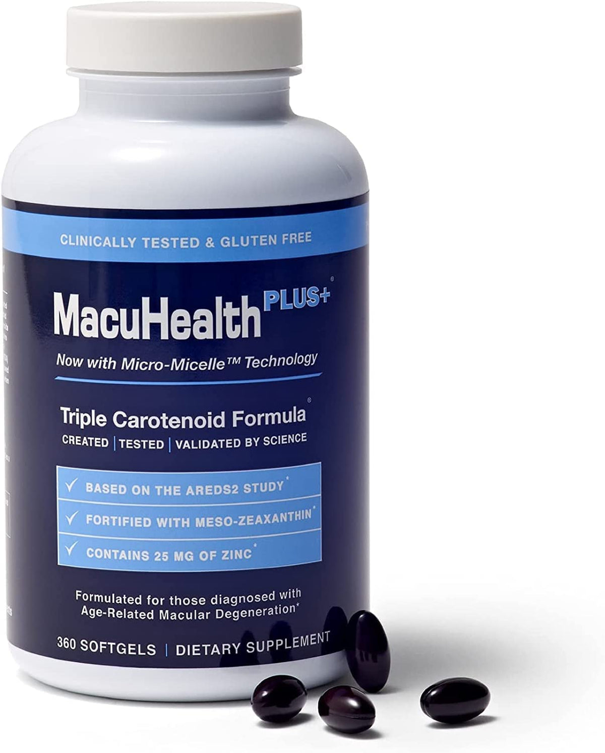 MacuHealth Plus+ Adult Eye Vitamin Supplement, 90-Day Supply with AREDS2-Based Formula, Lutein, Zeaxanthin and Meso-Zeaxanthin for Macular Degeneration Protection