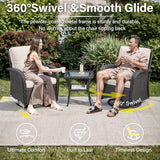 3-Piece Outdoor Patio Furniture Set with Two Swivel Rocker Chairs and Rattan Side Table, Wicker Glider Seating for Deck, Porch or Poolside, Brown and Blue