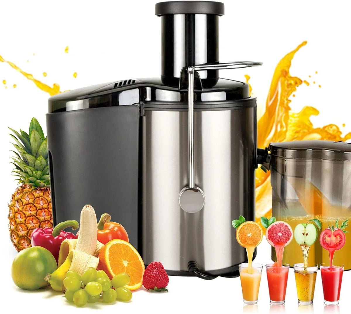 800W Electric Juicer with 3 Speeds, Whole Fruit & Vegetable Extractor in Stainless Steel