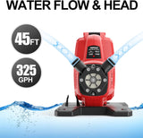 POPULO Portable Hybrid Water Transfer Pump with Suction Filter, 325GPH and 45ft Reach, 120VAC or 20VDC 4Ah Operation, 3/4 Garden Hose Thread