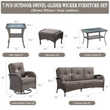 3-Piece Outdoor Patio Furniture Set with Two Swivel Rocker Chairs and Rattan Side Table, Wicker Glider Seating for Deck, Porch or Poolside, Brown and Blue