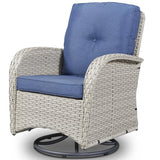 3-Piece Outdoor Patio Furniture Set with Two Swivel Rocker Chairs and Rattan Side Table, Wicker Glider Seating for Deck, Porch or Poolside, Brown and Blue