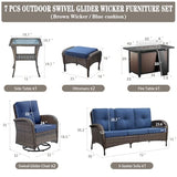 3-Piece Outdoor Patio Furniture Set with Two Swivel Rocker Chairs and Rattan Side Table, Wicker Glider Seating for Deck, Porch or Poolside, Brown and Blue