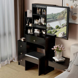 CIATRE Black Vanity and Bedside Cabinet Set with Cushioned Stool, Extra-Large Right Sliding Mirror, and Multi-Layer Storage