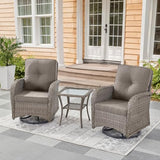 3-Piece Outdoor Patio Furniture Set with Two Swivel Rocker Chairs and Rattan Side Table, Wicker Glider Seating for Deck, Porch or Poolside, Brown and Blue