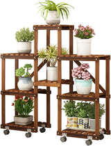 5-Tier Wooden Plant Display Shelf with Wheels, Carbonized Potted Rack for Indoor or Outdoor Garden Storage and Decor