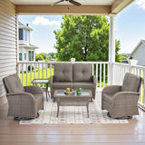 3-Piece Outdoor Patio Furniture Set with Two Swivel Rocker Chairs and Rattan Side Table, Wicker Glider Seating for Deck, Porch or Poolside, Brown and Blue