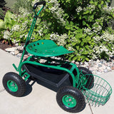 Sunnydaze Green Garden Cart with Rolling Scooter Seat, Extendable Steering Handle, Swivel Seat and Utility Tool Tray