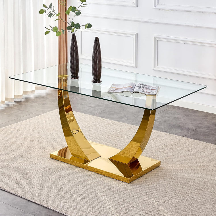 HomVent Rectangular Dining Table with 0.39-Inch Clear Tempered Glass Top and Stainless Steel Base, Gold Base for Kitchen, Dining Room or Home Office