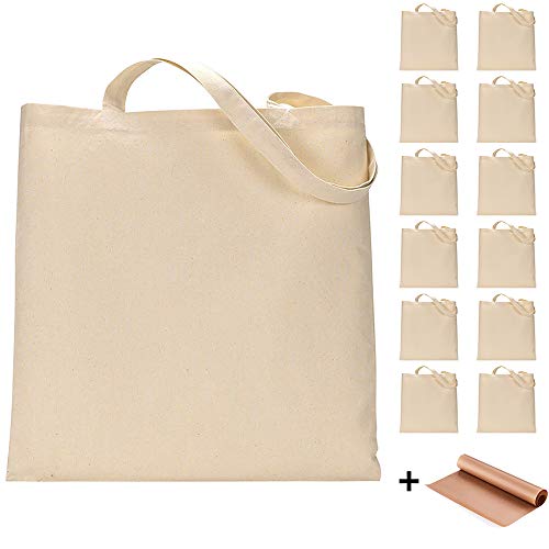 FunisFun 12-Pack Blank Canvas Tote Bags with PTFE Teflon Sheet, Reusable Bulk Shopping and Grocery Bags for DIY Crafts
