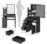 CIATRE Black Vanity and Bedside Cabinet Set with Cushioned Stool, Extra-Large Right Sliding Mirror, and Multi-Layer Storage