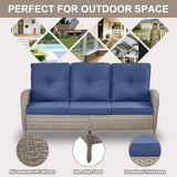 3-Piece Outdoor Patio Furniture Set with Two Swivel Rocker Chairs and Rattan Side Table, Wicker Glider Seating for Deck, Porch or Poolside, Brown and Blue