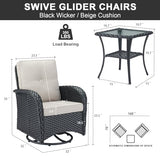 3-Piece Outdoor Patio Furniture Set with Two Swivel Rocker Chairs and Rattan Side Table, Wicker Glider Seating for Deck, Porch or Poolside, Brown and Blue
