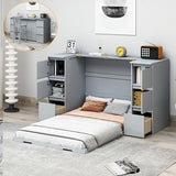 Twin Wall Bed with Wood Cabinet Frame, Charging Station, Outlet, USB Ports and Storage Drawers, Space-Saving Murphy Bed for Home Office or Studio, White