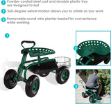 Sunnydaze Green Garden Cart with Rolling Scooter Seat, Extendable Steering Handle, Swivel Seat and Utility Tool Tray