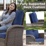 3-Piece Outdoor Patio Furniture Set with Two Swivel Rocker Chairs and Rattan Side Table, Wicker Glider Seating for Deck, Porch or Poolside, Brown and Blue