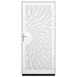 Unique Home Designs Solstice Security Door, 36 in. x 80 in. White Surface-Mount Steel Frame with Perforated Screen and Brass Hardware